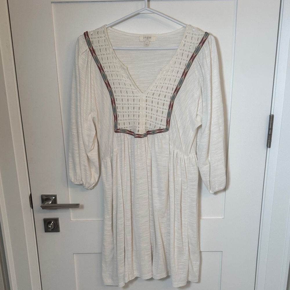 Umgee White Long Sleeve Dress with Multicolor Trim
